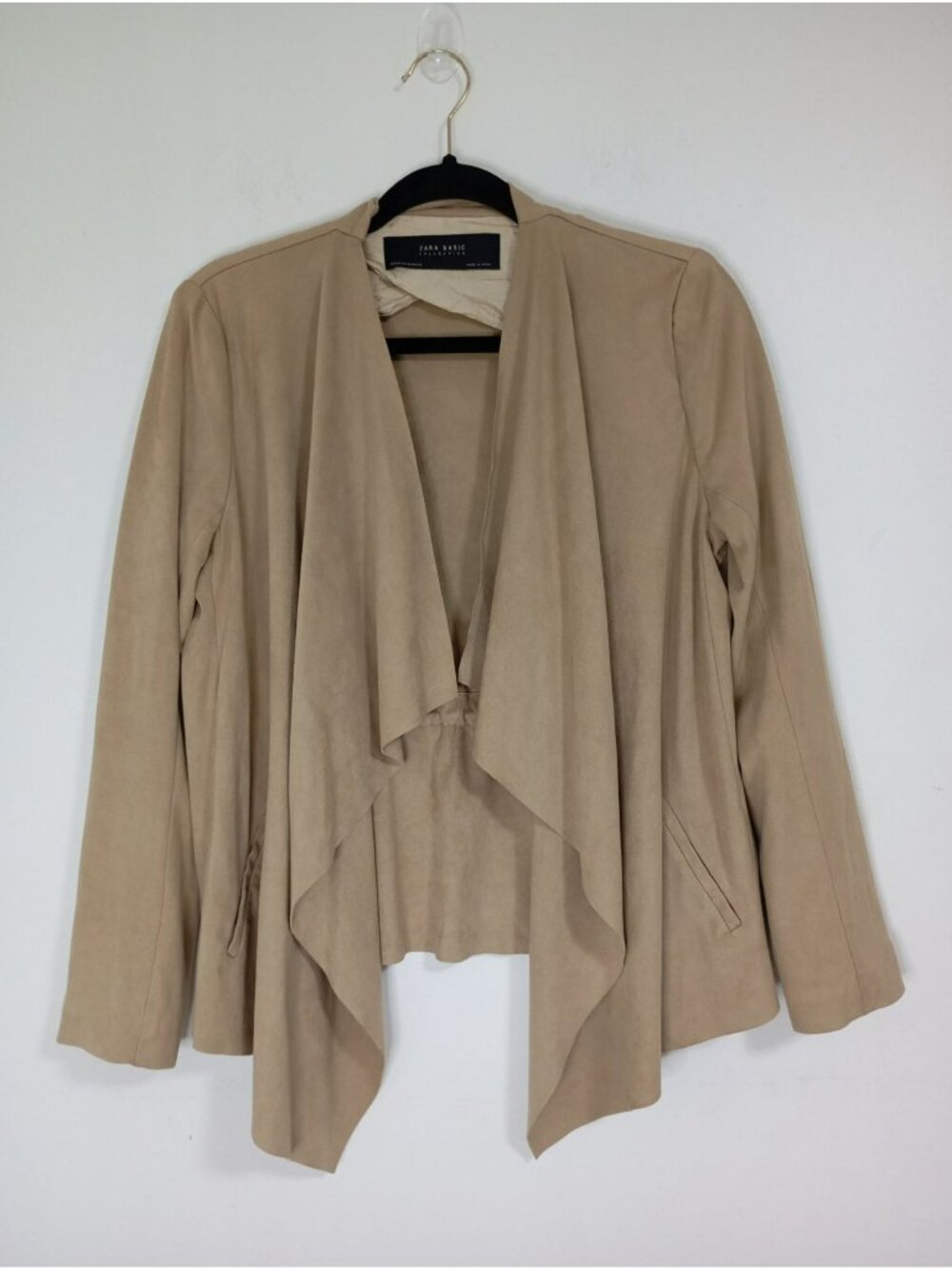 Zara Basic Waterfall Open-Front Jacket Faux Suede Adjustable Waist Tie Size M